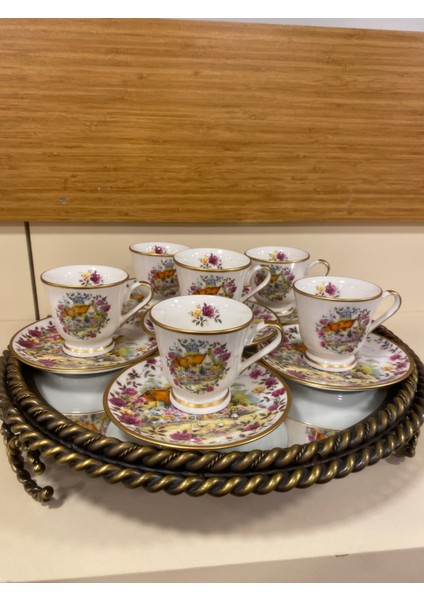 Kahve Fincanı 6'lı El Yapımı Porselen Ev Desenli Model indirimleri