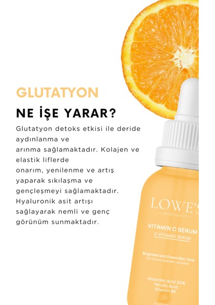 Cilt Lekelerine Karşı Etkili Parlatıcı Vitamin C Serum, Glutatyon, Ferulik Asit ve %20 Askorbik Asit