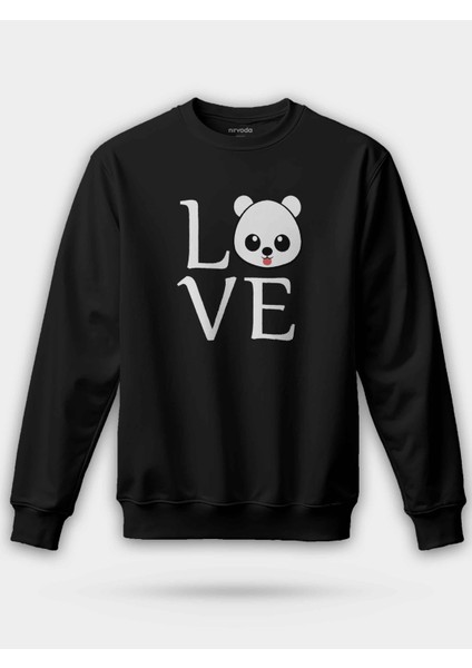Love Yazılı Panda Siyah Unisex Regular Sweatshirt