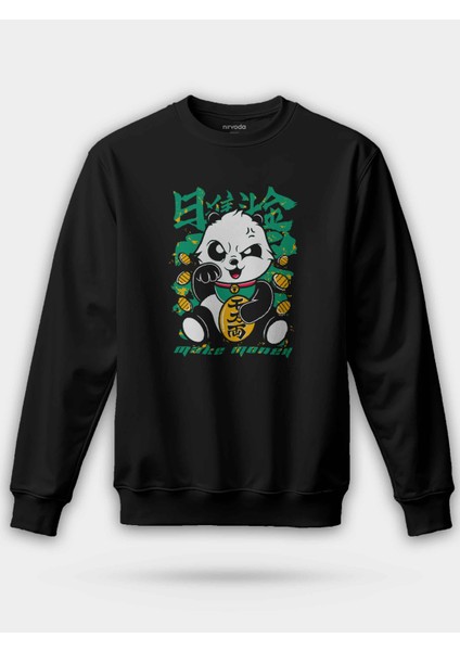 Japon Panda Siyah Unisex Regular Sweatshirt