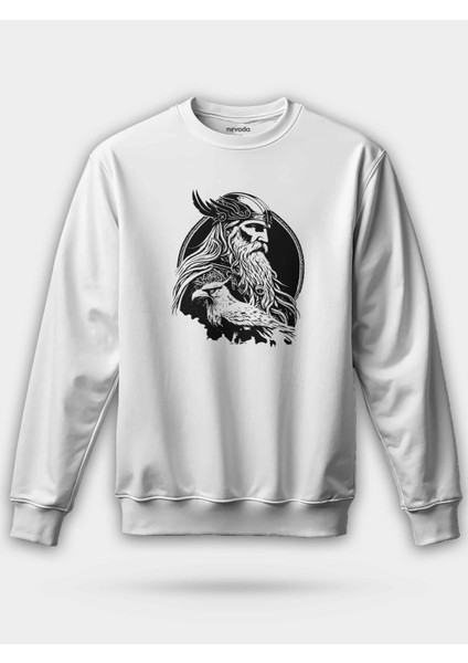 Odin ve Kuzgun Mitoloji Beyaz Unisex Regular Sweatshirt