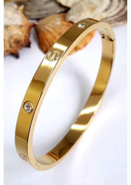 Alaşım Kartier Kelepçe Taşlı Bileklik (Gold)