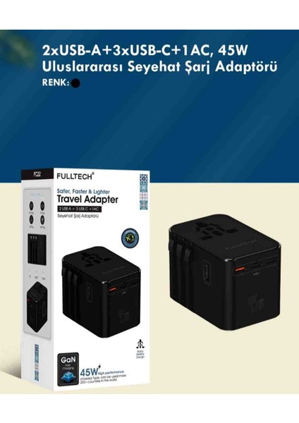 Rose Teknoloji 2 USB / 3 Type-C/ 1 Ac Girişli 45W Uluslararası Seyahat Şarj Adaptörü