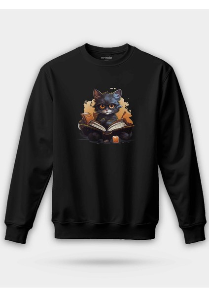 Öğrenci Siyah Sevimli Kedi Unisex Regular Sweatshirt
