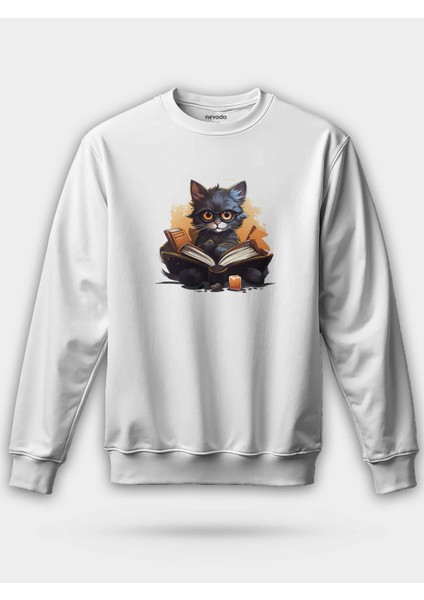 Öğrenci Siyah Sevimli Kedi Unisex Regular Sweatshirt