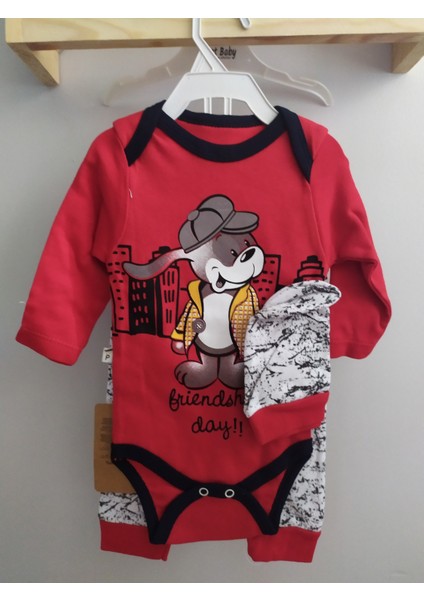 Minilkabebe Köpek Desen 3 Lü Bebek Zıbın Takım Kırmızı