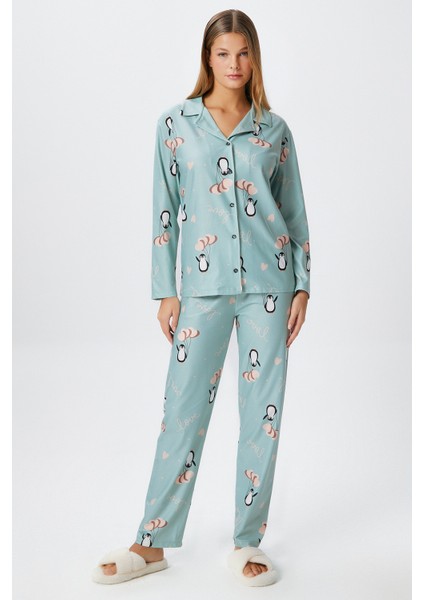 Kadın Nora Premium Mint Penguen Süet Doku Düğmeli Yılbaşı Pijama Takımı