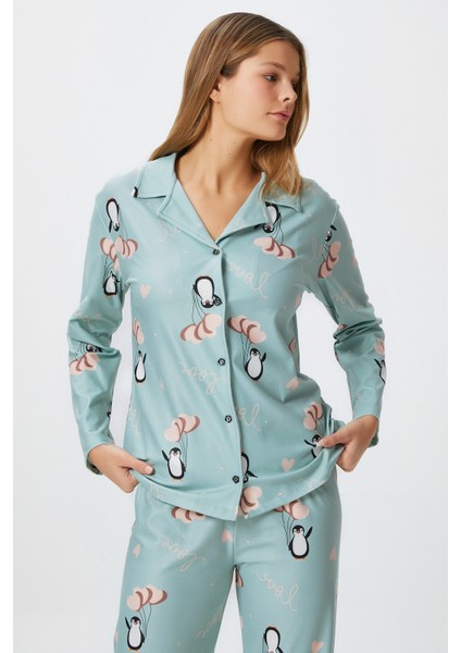 Kadın Nora Premium Mint Penguen Süet Doku Düğmeli Yılbaşı Pijama Takımı