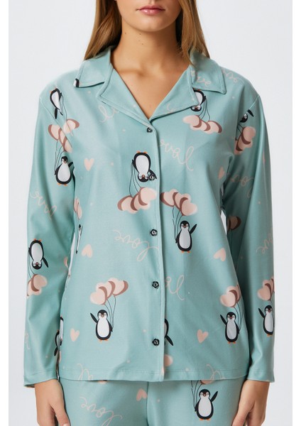 Kadın Nora Premium Mint Penguen Süet Doku Düğmeli Yılbaşı Pijama Takımı