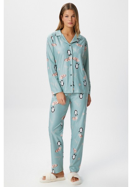 Kadın Nora Premium Mint Penguen Süet Doku Düğmeli Yılbaşı Pijama Takımı