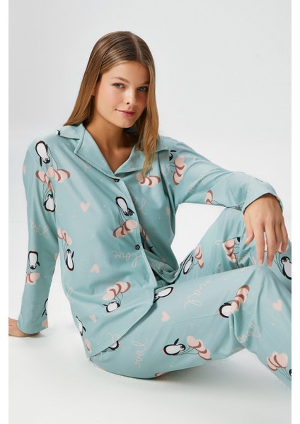 Kadın Nora Premium Mint Penguen Süet Doku Düğmeli Yılbaşı Pijama Takımı