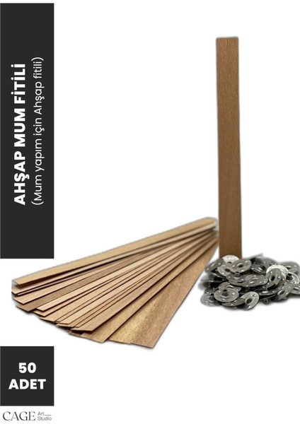 Ahşap Mum Fitili ve Sabitleme Demiri - 50 Adet ( 13 cm x 1.5 cm x 0,5 cm ) Mum Yapım Malzemeleri