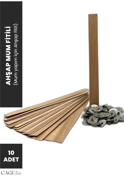 Ahşap Mum Fitili ve Sabitleme Demiri - 10 Adet ( 13 cm x 1.5 cm x 0,5 cm ) Mum Yapım Malzemeleri