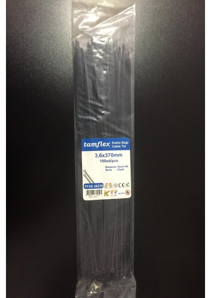 3.6 x 370 mm (37 cm) Siyah Renk Kablo Bağı Cırt Kelepçe
