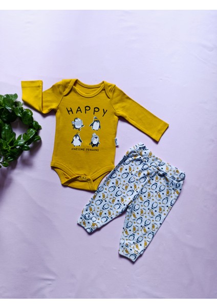 Minilkabebe Penguen 2 Li Bebek Zıbın Takım Organik Pamuk Hardal