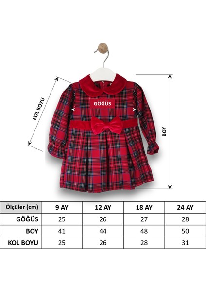 – Ekoseli, Kadife Yaka ve Kemer Detaylı Kız Bebek Elbise - Kırmızı (9-24AY)