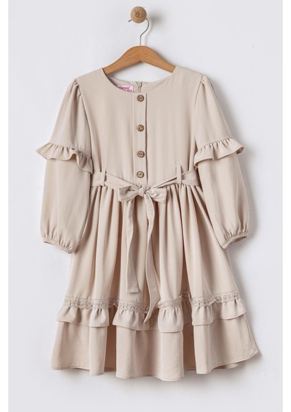 Düğme Yakalı Kuşaklı Uzun Kollu Kumaş Kız Çocuk Elbisesi - Bej