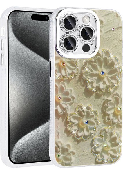- Apple iPhone 15 Pro - Kılıf Çiçek Desenli Parlak Taşlı Sert Silikon Garden Kapak - Beyaz - T31805