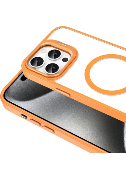 Apple iPhone 15 Pro - Kılıf Magsafe Şarj Özellikli Standlı Magsafe Klon Lensli Kapak - Turuncu