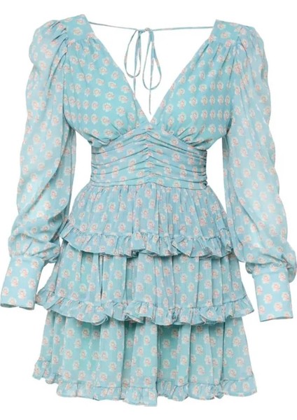 Sırt Dekolteli Çiçekli Tül Elbise Mint fiyatları