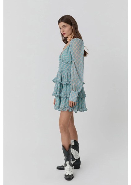 Sırt Dekolteli Çiçekli Tül Elbise Mint modelleri