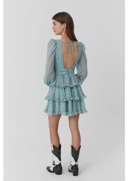 Sırt Dekolteli Çiçekli Tül Elbise Mint fırsatları