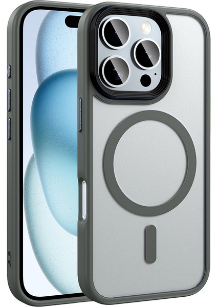 - Apple iPhone 16 Pro - Kılıf Mat Arka Yüzey Wireless Şarj Özellikli Flet Magsafe Kapak - Titanyum-Gri - T33217