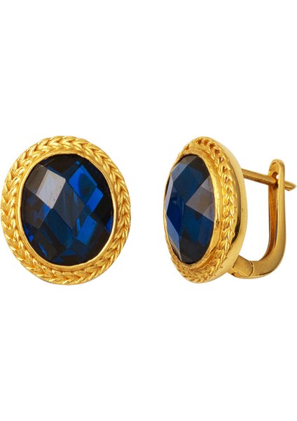 Lacivert Taşlı 14 Ayar Altın Küpe