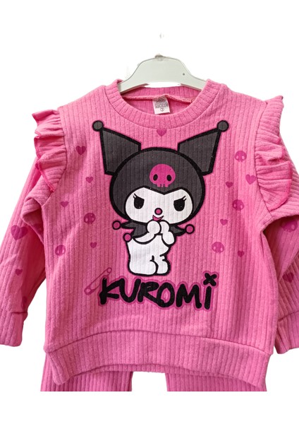Kuromi Kız Çocuk Alt Üst Takım Ispanyol Paça Fitilli Takım Pembe modelleri