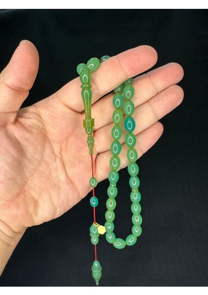 Sıkma Kehribar Tesbih Açık Yeşil Renkli Beyzi Kesim 8MMX11,5MM T-722