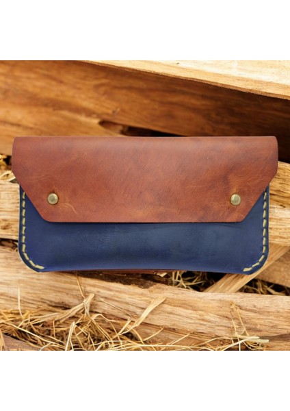 Cy Leather Luna Konyak Mavi El Yapımı Hakiki Deri Erkek Kadın Küçük Unisex El Çantası