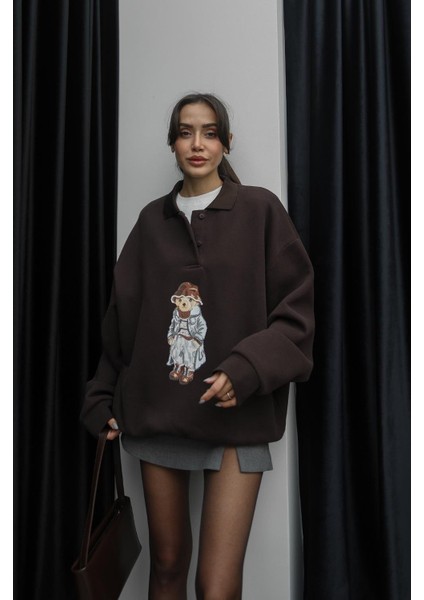 Acı Kahve Şapkalı Teddy Baskılı Sweatshirt