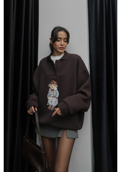 Acı Kahve Şapkalı Teddy Baskılı Sweatshirt modelleri