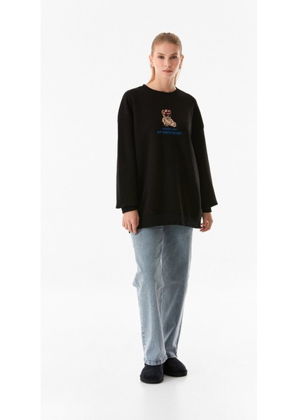 3 Iplik Ayıcık Nakışlı Bisiklet Yaka Oversize Sweatshirt