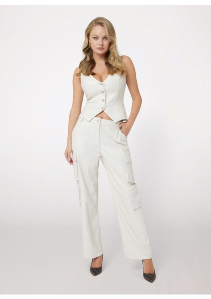Yüksek Bel Regular Fit Bej Kadın Pantolon Korı Pu Cargo - Faux Leather Soft T