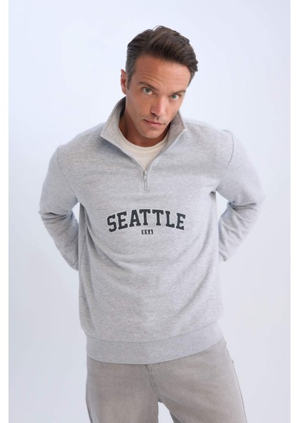 Relax Fit Fermuarlı Dik Yaka Baskılı Kalın Sweatshirt D4715AX24AU