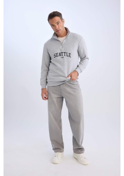 Relax Fit Fermuarlı Dik Yaka Baskılı Kalın Sweatshirt D4715AX24AU fiyatları
