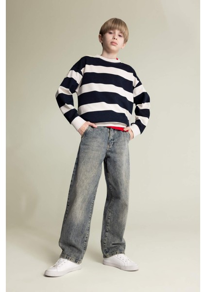 Erkek Çocuk Oversize Geniş Kalıp Bisiklet Yaka Çizgili Sweatshirt D7401A825SP
