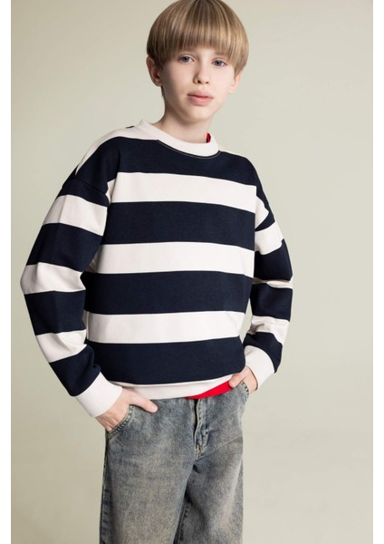 Erkek Çocuk Oversize Geniş Kalıp Bisiklet Yaka Çizgili Sweatshirt D7401A825SP