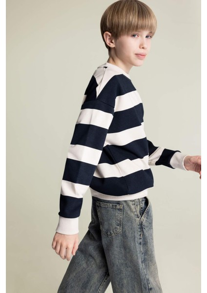 Erkek Çocuk Oversize Geniş Kalıp Bisiklet Yaka Çizgili Sweatshirt D7401A825SP