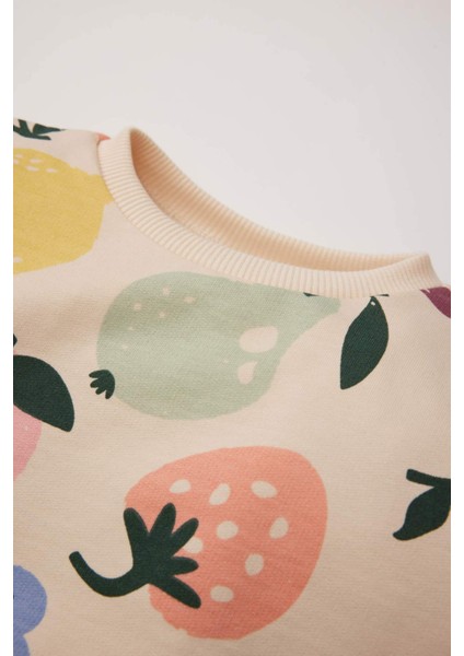 Kız Bebek 2'li Takım Meyve Desenli Bisiklet Yaka Sweatshirt Beli Lastikli Eşofman Altı E0201A525SP modelleri