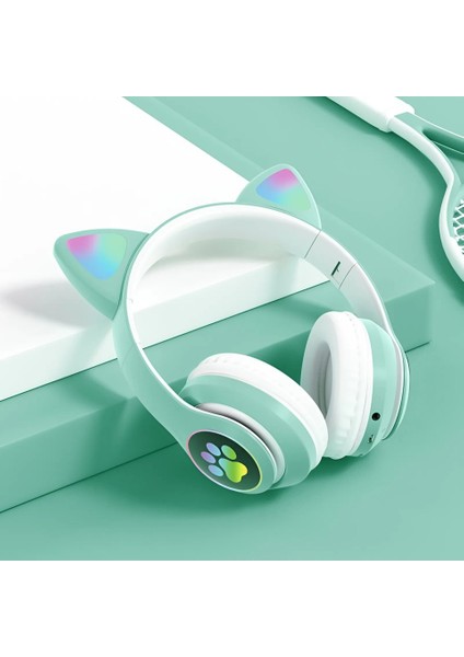 Bluetooth Kablosuz Uyumlu LED Işıklı Kedili Katlanabilir Sd Kartlı Çocuk Kafa ve Kulak Üstü Kulaklık Kalite