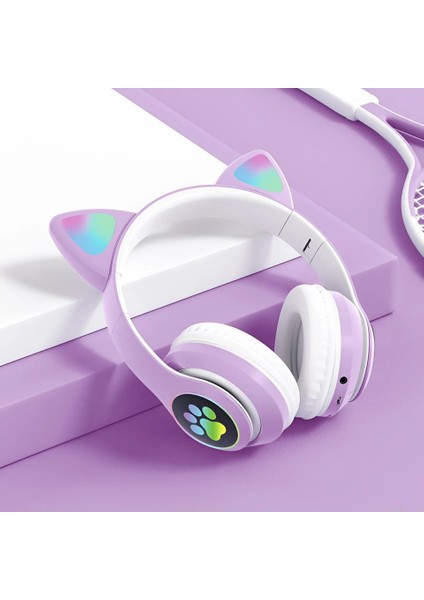 Bluetooth Kablosuz Uyumlu LED Işıklı Kedili Katlanabilir Sd Kartlı Çocuk Kafa ve Kulak Üstü Kulaklık Kalite