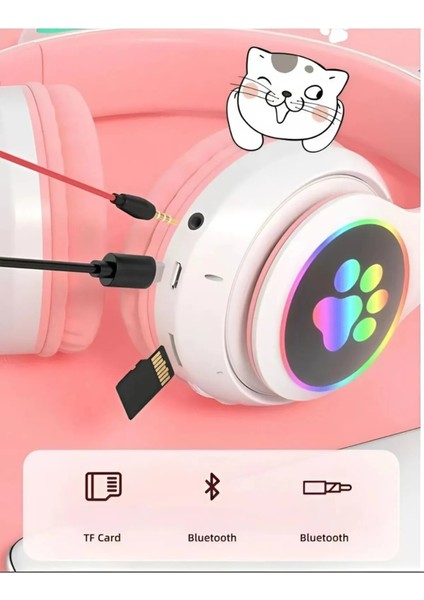 Bluetooth Kablosuz Uyumlu LED Işıklı Kedili Katlanabilir Sd Kartlı Çocuk Kafa ve Kulak Üstü Kulaklık Kalite