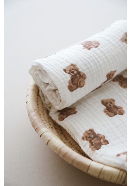 Çift Katlı Ayıcık Teddy Desen Organik Bebek Müslin Örtü