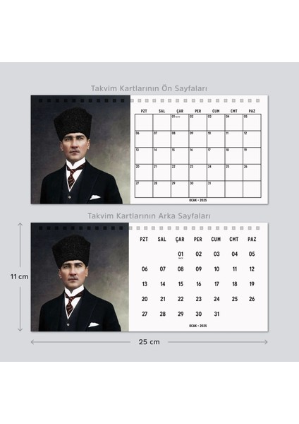 2025 Atatürk Fotoğraflı Takvim, Aylık Planlayıcı Takvim, Çift Taraflı Takvimi