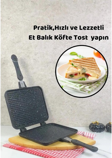 Leony Döküm Iç Dış Granit Kilitli ve Çıkarılabilir 25X18 cm Ocak Üstü Çok Amaçlı Grill ve El Tost Makinesi