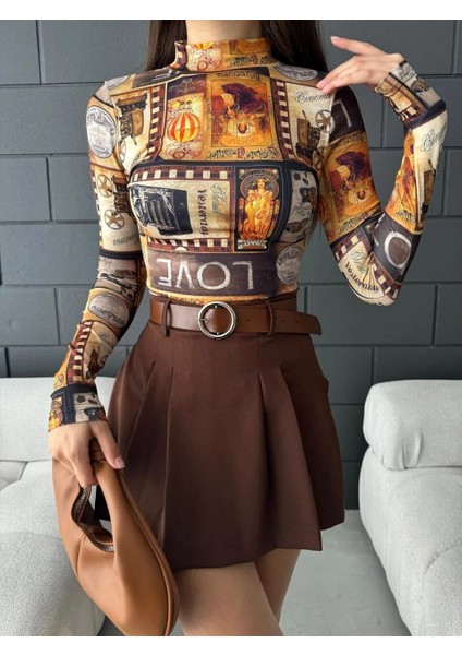 Dijital Baskılı Bluz Kadın Kahve Rengi Desenli