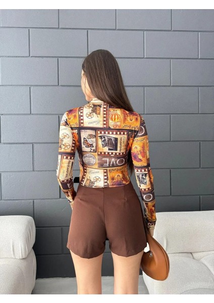 Dijital Baskılı Bluz Kadın Kahve Rengi Desenli fiyatları