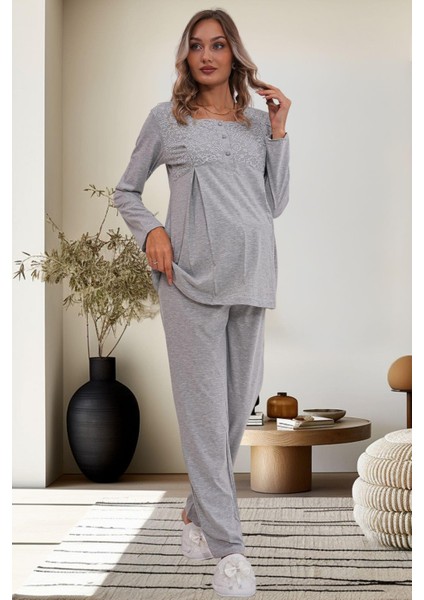 6102 Gri Hamile Lohusa Pijama Takımı